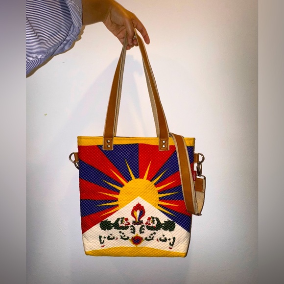 Handmade Tibetan Tote Bag with Leather Handles and an Adjustable Strap. - Picture 1 of 3